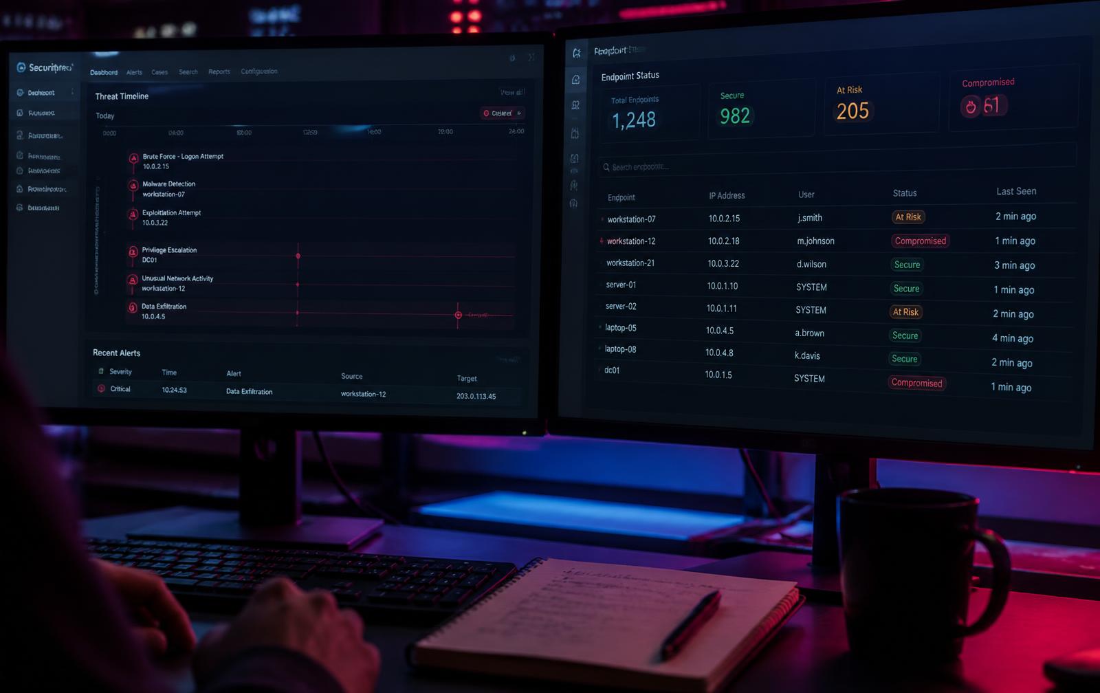 Security analyst reviewing a threat timeline and endpoint status dashboard on dual monitors